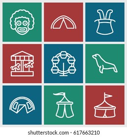 Circus icons set. set of 9 circus outline icons such as seal, tent, magic hat, carousel, circus