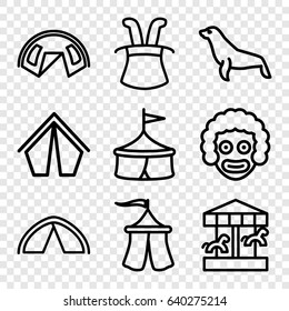 Circus icons set. set of 9 circus outline icons such as seal, tent, magic hat, circus, carousel