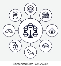 Circus icons set. set of 9 circus outline icons such as seal, tent, magic hat, carousel