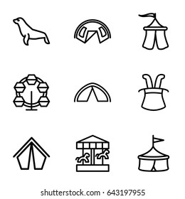 Circus icons set. set of 9 circus outline icons such as seal, tent, magic hat, carousel