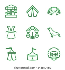 Circus icons set. set of 9 circus outline icons such as seal, tent, magic hat, carousel, circus