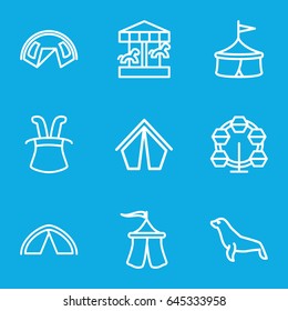Circus icons set. set of 9 circus outline icons such as seal, tent, magic hat, carousel