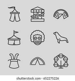Circus icons set. set of 9 circus outline icons such as seal, tent, magic hat, carousel, circus