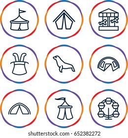 Circus icons set. set of 9 circus outline icons such as seal, tent, magic hat, carousel