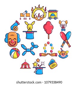 Circus icons set. Cartoon illustration of 16 circus vector icons for web