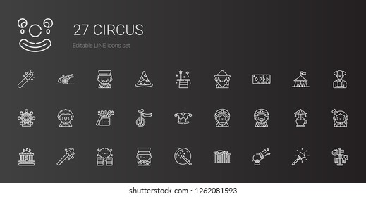 circus icons set. Collection of circus with cannon, roller coaster, magic wand, magician, magic, carousel, seer, joker, unicycle, clown, ferris wheel. Editable and scalable circus icons.