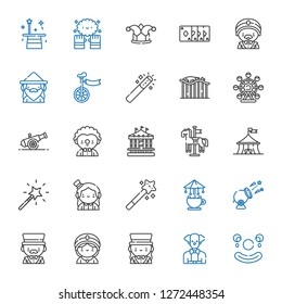 circus icons set. Collection of circus with clown, magician, seer, cannon, carousel, magic wand, ferris wheel, roller coaster, unicycle, wizard. Editable and scalable circus icons.