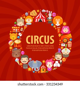 CIRCUS ICONS SET. Collection of elements of clown, circus dome, lion, magician, elephant, tiger, tamer, acrobat, ticket, reel, bear, cannon and more
