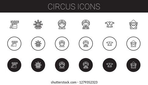 circus icons set. Collection of circus with magic, ferris wheel, seer, magician, joker, wizard. Editable and scalable circus icons.