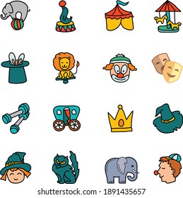 circus icons set elephant standing on ball sea lion seal holding ball tent hat with rabbit lion joker masks trolley crown witch girl and hat cat dumbbell