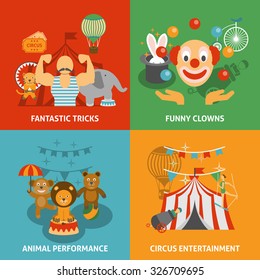 Circus icons set with fantastic tricks funny clowns animal performance and entertainment flat isolated vector illustration 