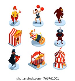 Circus icons set isometric view. Vector illustration. Isolated on white.