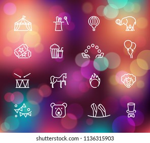 Circus icons set in linear style on the Colorful background with defocused lights
