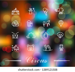 Circus icons set in linear style on the Colorful background with defocused lights