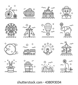 Circus icons set in linear style. Amusement park design elements collection, vector illustration. With clown, children train, carousel, juggler 