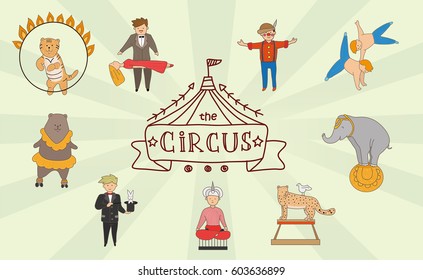 Circus icons set. Tiger, jugglers, acrobats, clown, Cheetah, bear on roller skates, elephant on the ball, the illusionist. Vintage Doodle style Vector illustration