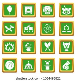 Circus icons set vector green square isolated on white background 