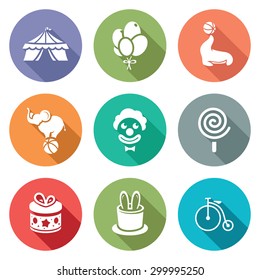 Circus Icons Set. Vector Illustration. Isolated Flat Icons collection on a color background for design