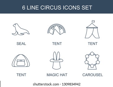 circus icons. Trendy 6 circus icons. Contain icons such as seal, tent, magic hat, carousel. circus icon for web and mobile.
