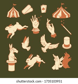 circus icons vintage flat design illustration elements for graphic design. logo assets. magic performer, illusionist, magician, artist, showman branding. pulling a hare out of a magic hat, doves, bird