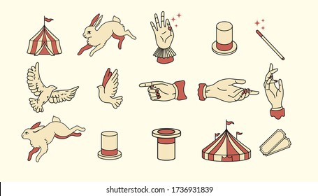 circus icons vintage flat design illustration elements for graphic design. logo assets. magic performer, illusionist, magician, artist, showman branding. pulling a hare out of a magic hat, doves, bird