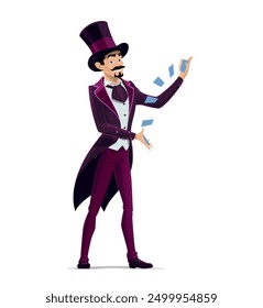 Circus illusionist character performing tricks with cards deck, isolated cartoon vector big top tent magician in top hat and tailcoat perform circus magic show, carnival amusement entertainment event