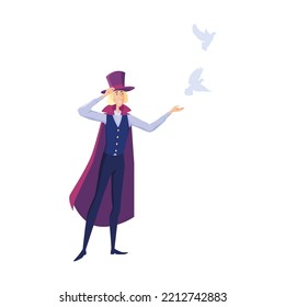 Circus illusionist. Magician man in cape juggling or taking rabbit from top hat isolated on white. Vector illustration for show