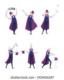 Circus illusionist set. Cartoon magician man in cape juggling or taking rabbit from top hat isolated on white. Vector illustration for show, festive fair, entertainment for kids concept