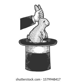 Circus illusionist takes rabbit out of the cylinder top hat sketch engraving vector illustration. T-shirt apparel print design. Scratch board style imitation. Black and white hand drawn image.