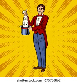 Circus illusionist takes rabbit out of the hat pop art retro vector illustration. Comic book style imitation.