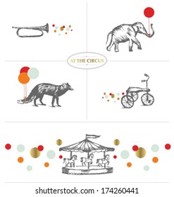 AT THE CIRCUS. ILLUSTRATED ELEMENTS. Editable vector file.