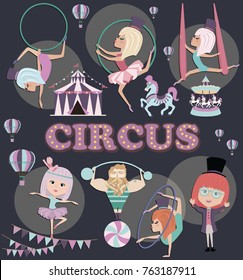Circus illustration poster with cute gymnast girl and circus decor. Template card for birthday invitation. Editable vector illustration