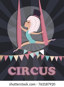 Circus illustration poster with cute gymnast girl and circus decor. Template card for birthday invitation. Editable vector illustration