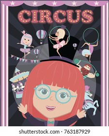 Circus illustration poster with cute gymnast girl and circus decor. Template card for birthday invitation. Editable vector illustration