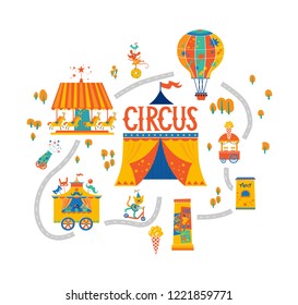 Circus illustration set with circus artist, elephant, gymnast, horse, tiger, lion, clown, tent. Carnival, fun fair, amusement park. Circus performers and cartoon characters.  Vector illustration.