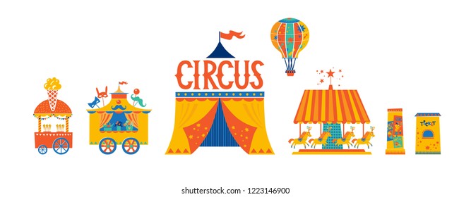 Circus illustration set with circus artist, elephant, gymnast, horse, tiger, lion, clown, tent. Carnival, fun fair, amusement park. Circus performers set. Vector illustration.