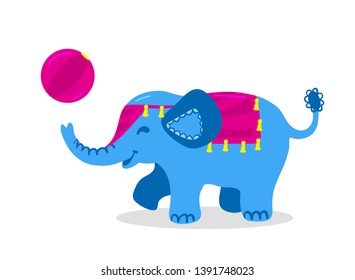 Circus Indian elephant plays with ball in arena. Hand drawn colorful vector illustration. Isolated on white background. Concept for children print, poster, card, web.