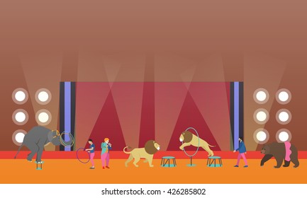 Circus interior concept vector banner. Artists perform show in arena. Circus interior. Animals show and performance.