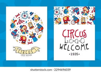 Circus invitation card templates set. Carnival magic show flyer hand drawn vector