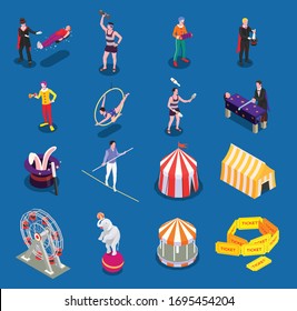 Circus Isometric Icons Set With Acrobats And Animals Isolated Vector Illustration