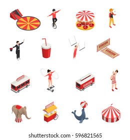 Circus isometric set of manege juggler clown acrobat trained animals tickets cola carousel decorative icons isolated vector illustration