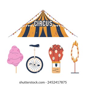 Juego de artículos de circo. Tienda superior grande, algodón de caramelo, bicicleta de Monowheel, globo de aire y anillo de fuego Elementos aislados en blanco