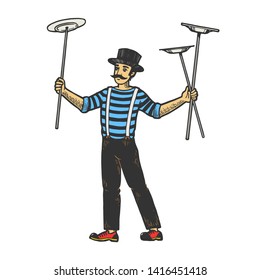 Circus juggler balancing plates on sticks performance sketch engraving vector illustration. Scratch board style imitation. Black and white hand drawn image.