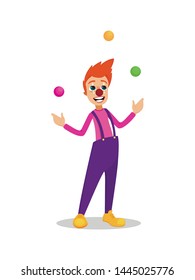 Circus Juggler, Clown Comic Actor in Cute Costume Isolated on White. Funny Comedy Hero with Red Nose and Vivacious Makeup Juggling with Balls. Vector Cinemactor for Movie Film. Flat Illustration