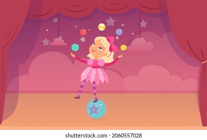 Circus juggler kid character performing acrobatic fun show vector illustration. Cartoon girl acrobat balancer child character in cute costume juggling with colorful balls on circus stage with curtain