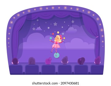 Circus juggler kid character performing acrobatic fun show vector illustration. Cartoon girl acrobat balancer child character in cute costume juggling with colorful balls on stage