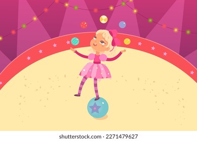 Circus juggler kid character performing acrobatic fun show vector illustration. Cartoon girl acrobat balancer child in cute costume juggling with colorful balls on circus stage.