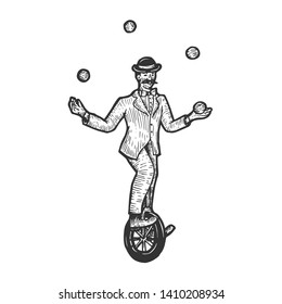 Circus juggler on unicycle sketch engraving vector illustration. Scratch board style imitation. Hand drawn image.