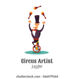 Circus juggler on a unicycle. Vector illustration. Isolated on a white background.