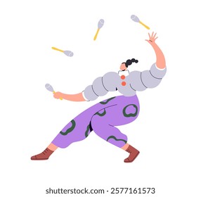 Circus juggler performing with clubs in air. Female artist, woman performer juggling at festive carnival show, entertainment performance. Flat vector illustration isolated on white background